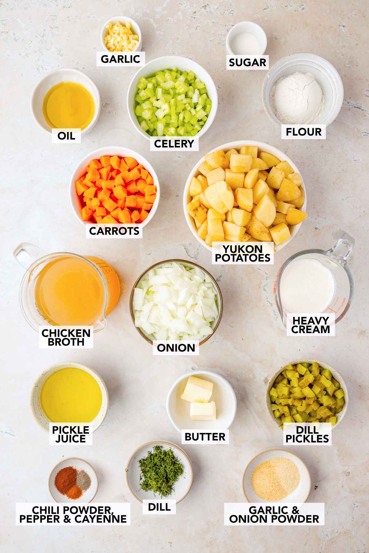 Labeled ingredients for dill pickle soup, including potatoes, pickles, vegetables, broth, cream, pickle juice, dill and spices.