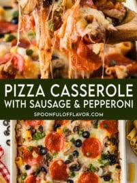 Collage of baked pizza casserole and a cheesy spoonful, with text reading “Pizza Casserole with Sausage & Pepperoni” and “SpoonfulofFlavor.com.”